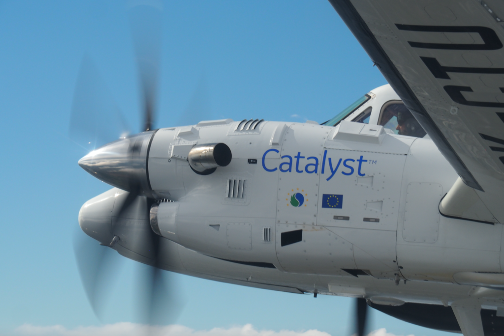 The Catalyst engine in flight on a Beechcraft King Air Flying Test Bed.