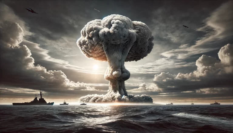 DALL·E 2024-06-17 17.57.20 - A realistic and dramatic photo capturing the deployment of a nuclear warhead over the ocean. The image features a massive explosion with a mushroom cl