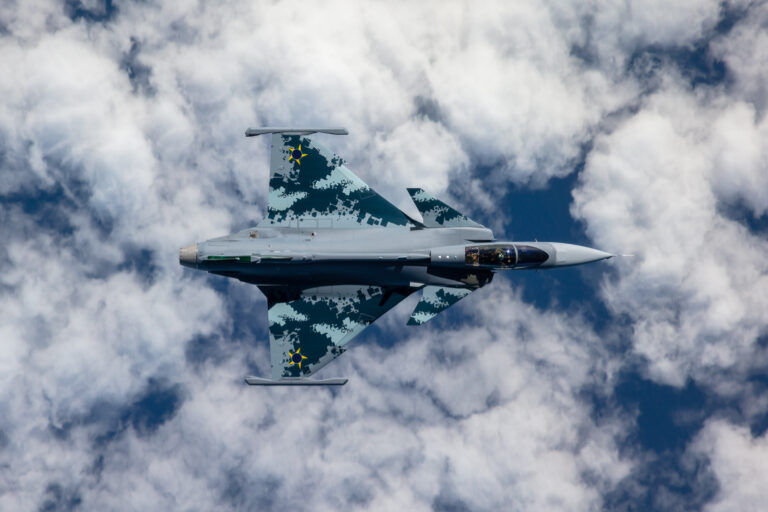 Flight test with the first Brazilian Gripen E fighter aircraft.